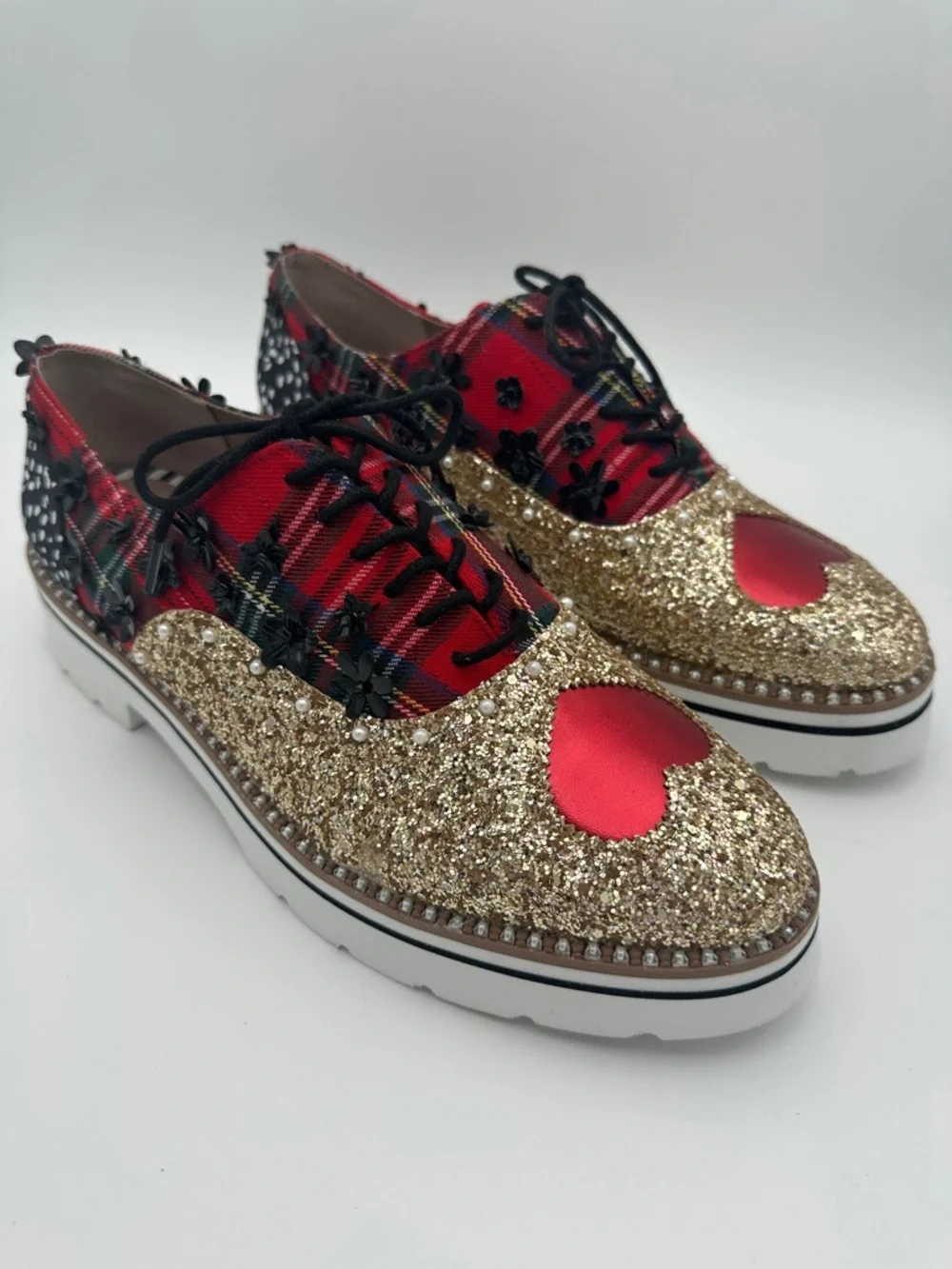 Betsy Johnson Skyyla Lace Up Plarform Oxfords Size 10 Shoes Unique Sparkly Plaid - Picture 2 of 16